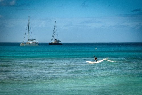 Surfing on the Caribbean Sea.